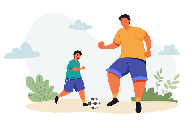 Père jouant au football avec son fils le jour de la fête des pères  Illustration