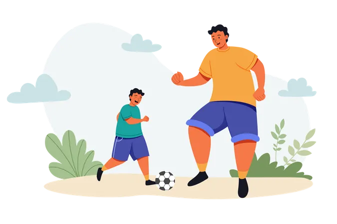 Père jouant au football avec son fils le jour de la fête des pères  Illustration