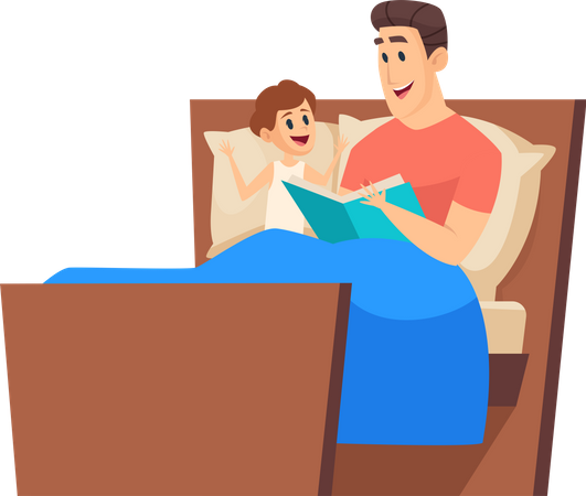 Père lisant des histoires à son fils au coucher  Illustration