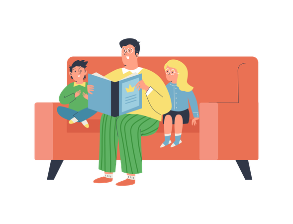 Père lisant un livre à ses enfants  Illustration