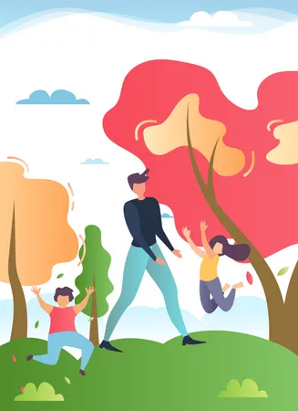 Père marchant dans le parc avec des enfants heureux  Illustration