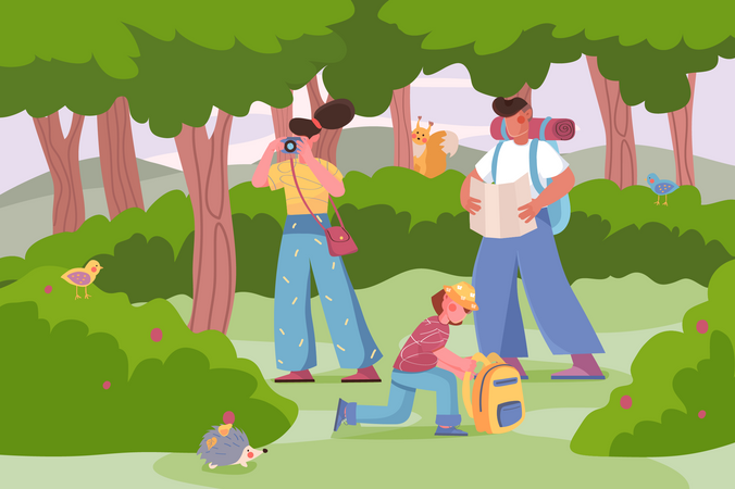 Père, mère et fille avec des sacs à dos en randonnée en forêt  Illustration