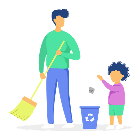 Père nettoyant les poubelles avec son fils  Illustration