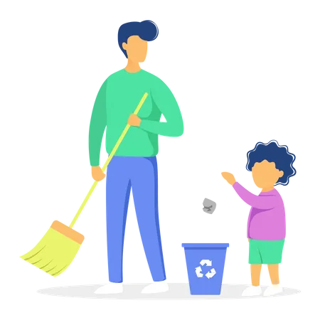 Père nettoyant les poubelles avec son fils  Illustration