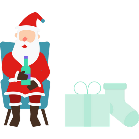 Père Noël assis sur une chaise en buvant du vin  Illustration