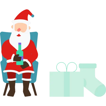Père Noël assis sur une chaise en buvant du vin  Illustration