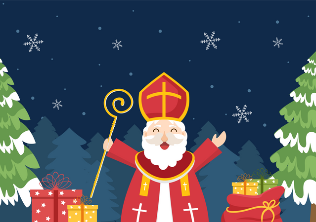 Père Noël avec des coffrets cadeaux la nuit de Nicolas  Illustration