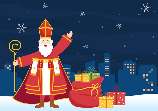 Père Noël avec des coffrets cadeaux la nuit de Nicolas  Illustration