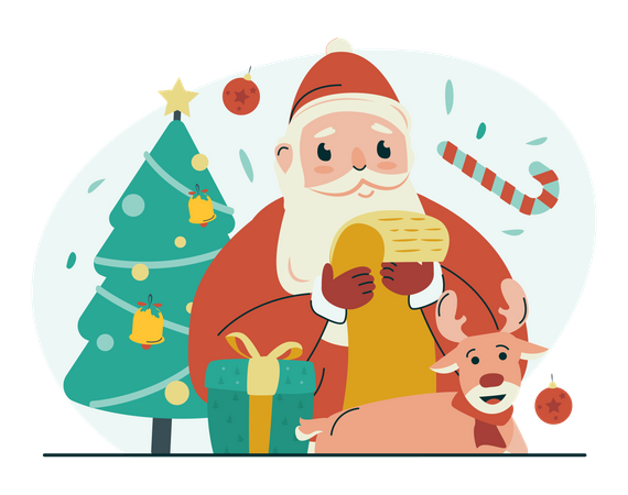 Père Noël avec liste de cadeaux  Illustration