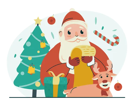 Père Noël avec liste de cadeaux  Illustration