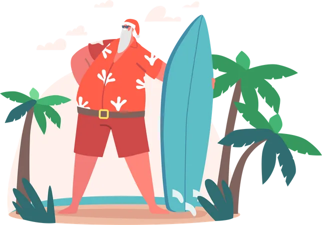 Père Noël avec planche de surf à Ocean Beach  Illustration