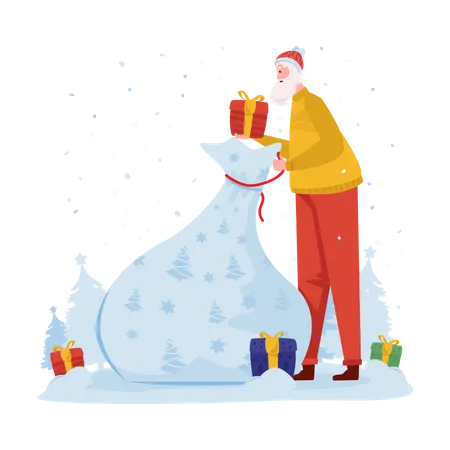 Père Noël avec sac cadeau de Noël  Illustration