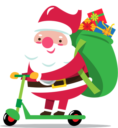 Père Noël avec un sac plein de cadeaux de Noël en scooter  Illustration