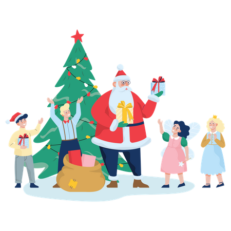 Père Noël distribuant des cadeaux de Noël aux enfants  Illustration