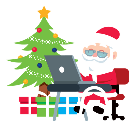 Le Père Noël envoie des cadeaux en ligne sur un ordinateur portable  Illustration