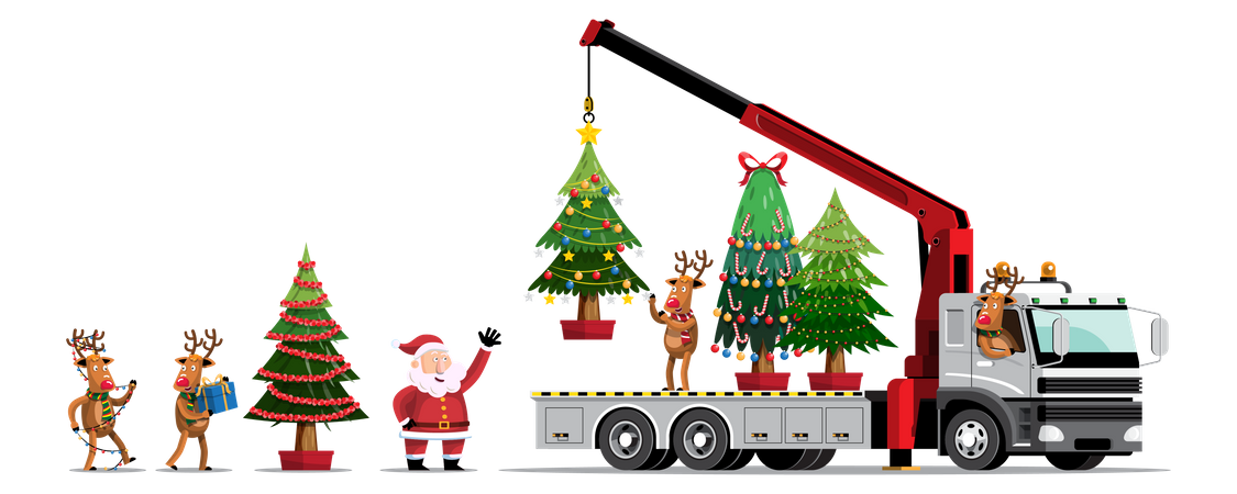 Père Noël et rennes chargeant des arbres de Noël dans un camion à l'aide d'une grue  Illustration