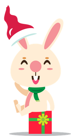 Lapin du Père Noël assis sur un cadeau de Noël  Illustration