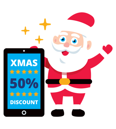 Père Noël affichant une remise sur les achats en ligne de Noël sur l'écran mobile  Illustration