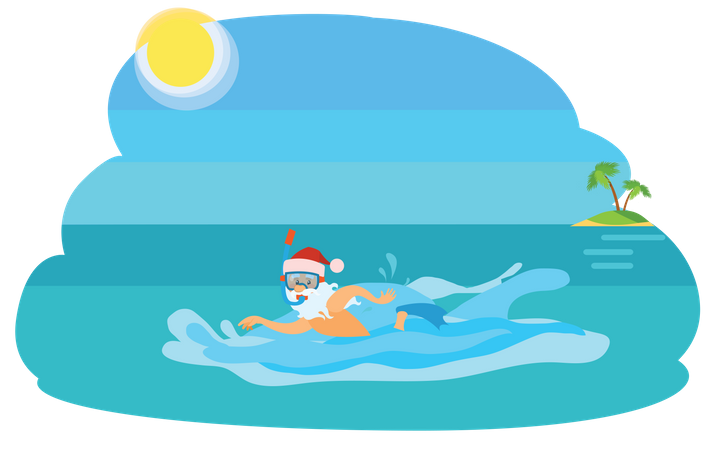 Père Noël nageant dans la mer  Illustration