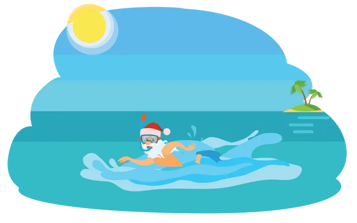 Père Noël nageant dans la mer  Illustration