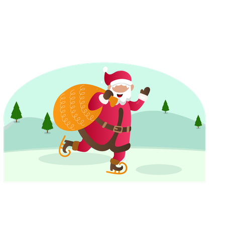 Père Noël patinant avec un sac cadeau  Illustration