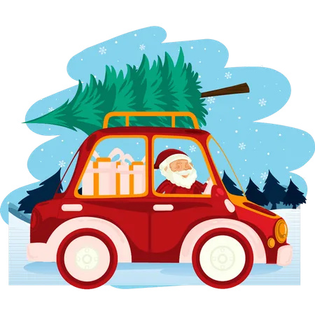 Père Noël portant un arbre de Noël et des cadeaux en voiture  Illustration