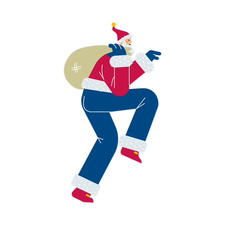 Le Père Noël secret se faufile sur la pointe des pieds avec un énorme sac de cadeaux  Illustration