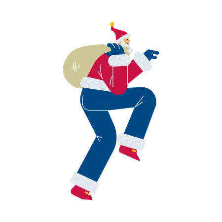 Le Père Noël secret se faufile sur la pointe des pieds avec un énorme sac de cadeaux  Illustration