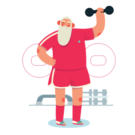 Père Noël soulevant des haltères dans une salle de sport  Illustration