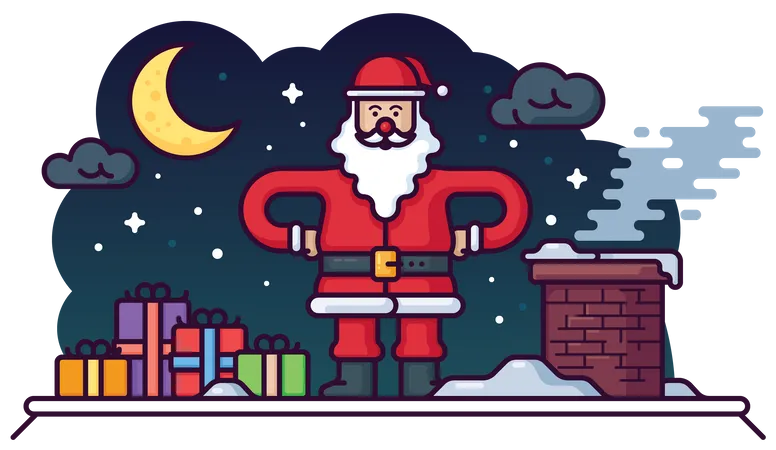 Père Noël sur le toit de la maison  Illustration