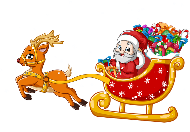 Père Noël sur une calèche à rennes avec des cadeaux  Illustration