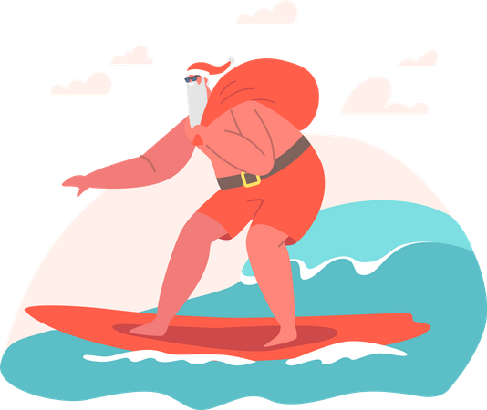 Père Noël surfant sur la vague de l'océan sur une planche de surf  Illustration