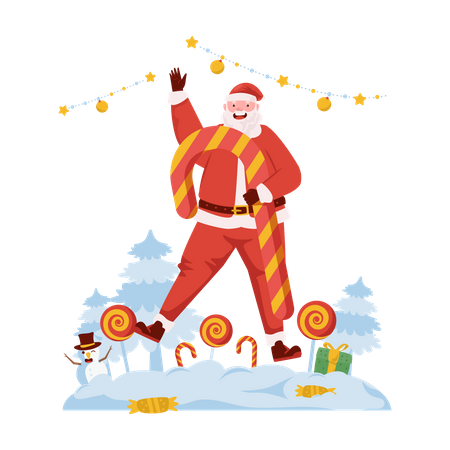 Père Noël avec canne en bonbon  Illustration