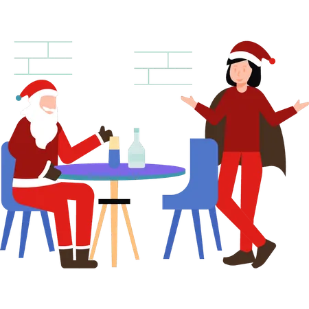 Père noël et fille assise à table  Illustration