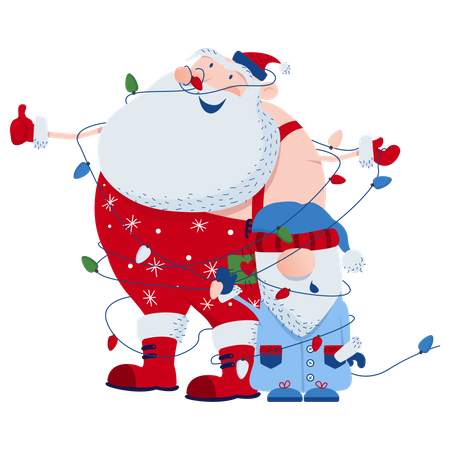 Père Noël et gnome dans une guirlande  Illustration