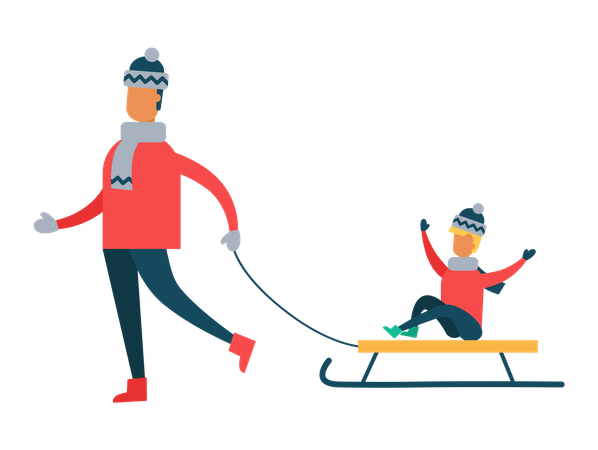 Père portant un enfant sur un traîneau, fils et papa  Illustration