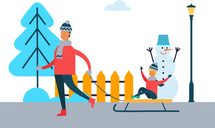 Père portant un enfant sur un traîneau, fils et papa  Illustration