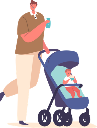 Le père s'hydrate tout en s'occupant de son enfant  Illustration