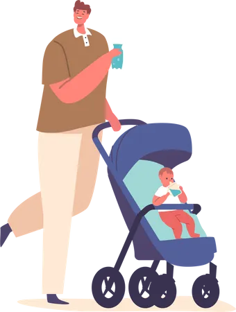 Le père s'hydrate tout en s'occupant de son enfant  Illustration