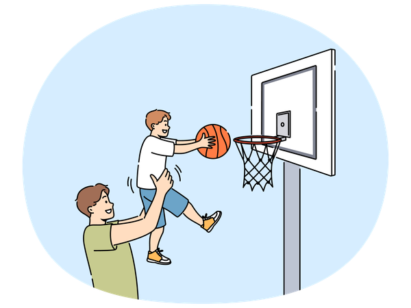 Un père souriant joue au basket avec son fils  Illustration