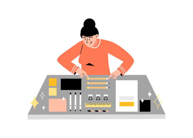 O perfeccionista organiza os itens na mesa em ordem  Ilustração
