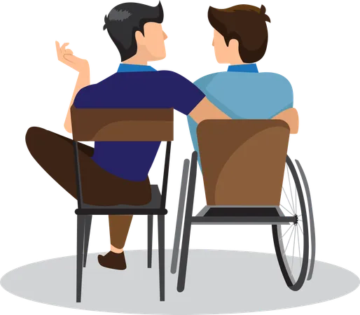Perfect Physical Friend With A Disabled Friend In A Wheelchair Spend Quality Time Together In The Park Talk And Laugh Together Vector Illustration Illustration