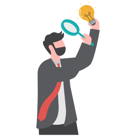 Perfectionist businessman with magnifying glass looking at every details of lightbulb idea  イラスト