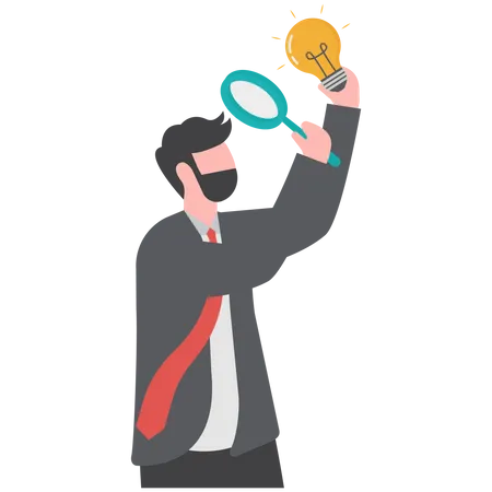 Perfectionist businessman with magnifying glass looking at every details of lightbulb idea  Illustration