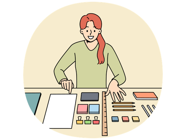 Perfectionist woman with OCD syndrome putting things in order on desktop and workplace  Illustration