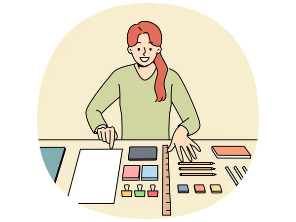 Perfektionistische Frau mit Zwangsstörungssyndrom, die Dinge auf dem Schreibtisch und am Arbeitsplatz in Ordnung bringt  Illustration