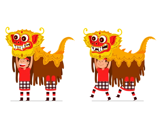 Performing Of Traditional Balinese Lion Dancer Illustration
