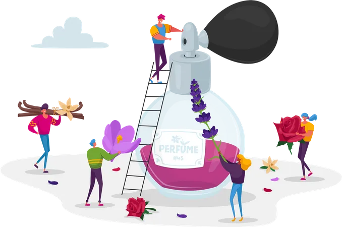 Aroma Composition Perfumery Male And Female Perfumer Characters Create New Perfume Fragrance Tiny People Bring Ingredients To Huge Sprayer Bottle With Toilet Water Cartoon Vector Illustration Illustration