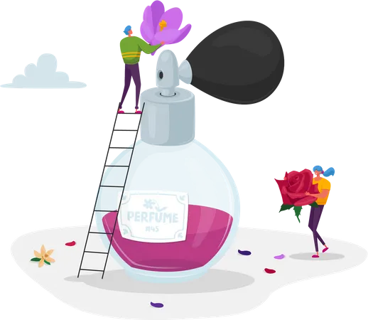Perfumery Production Tiny Perfumer Characters Holding Huge Flowers Ingredients For Creating New Perfume Composition Floral Fragrance Toilet Water Aroma Cosmetics Cartoon People Vector Illustration Illustration
