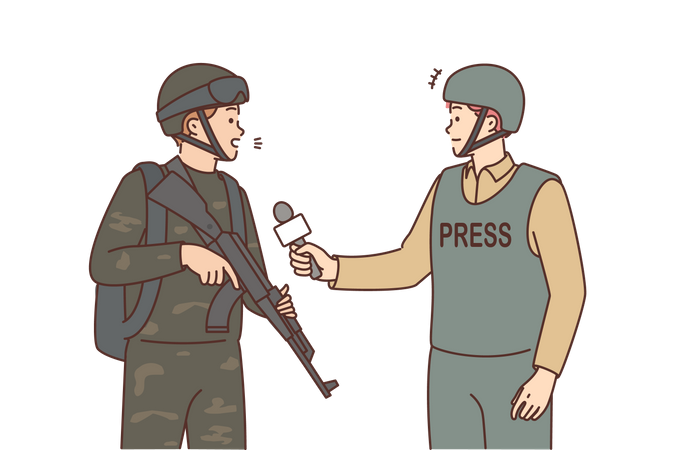 Periodista masculino entrevistando a un soldado en la guerra  Ilustración